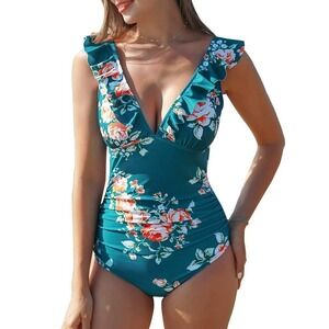 Women's V Neck Tummy Control One Piece Swimsuit Blue Size S NWT